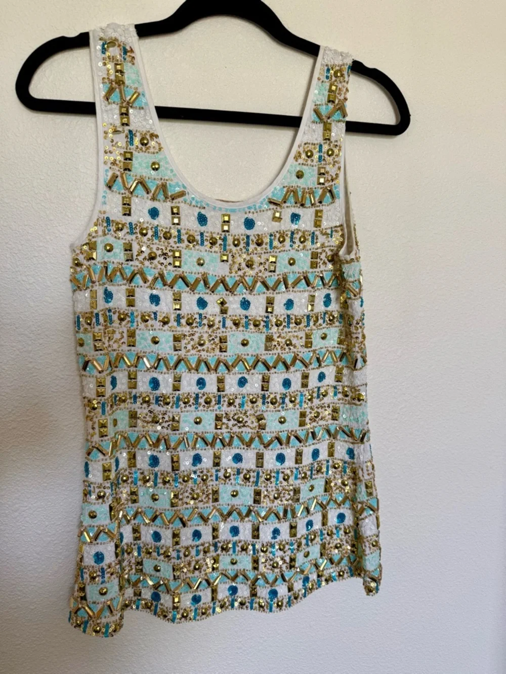 Boston Proper Beaded Sequin Tank Top Gold Aqua Resort Luxe Yacht Club Glam Sz S - Picture 6 of 7